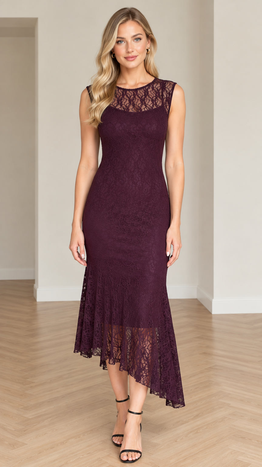 Full front view of model wearing plum sleeveless lace midi dress with asymmetrical hem