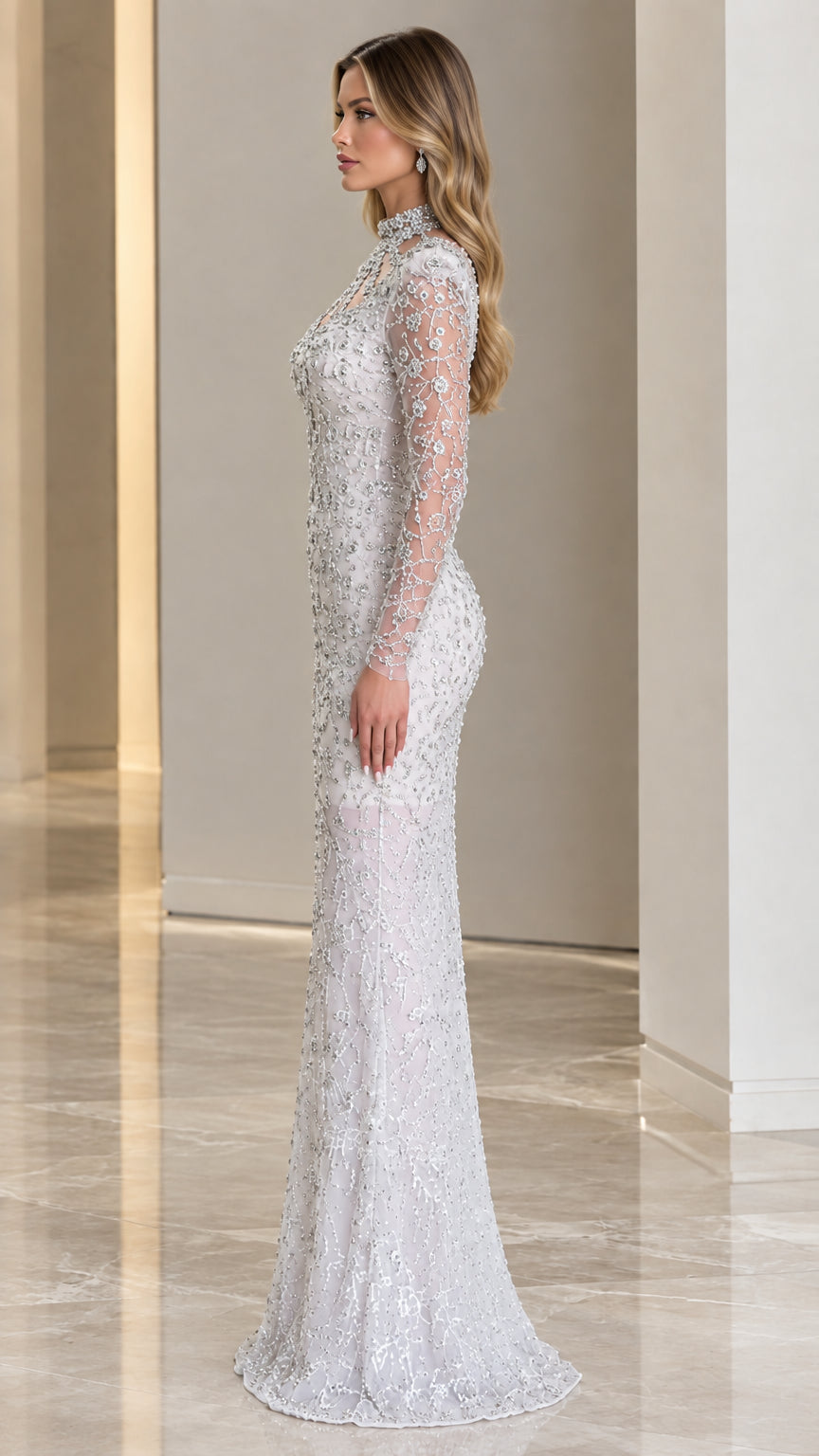 Side profile of Silver beaded floor-length formal gown with structured shoulders