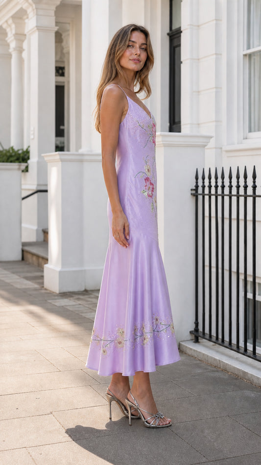 Side profile of woman in lilac satin slip dress with flounce hem