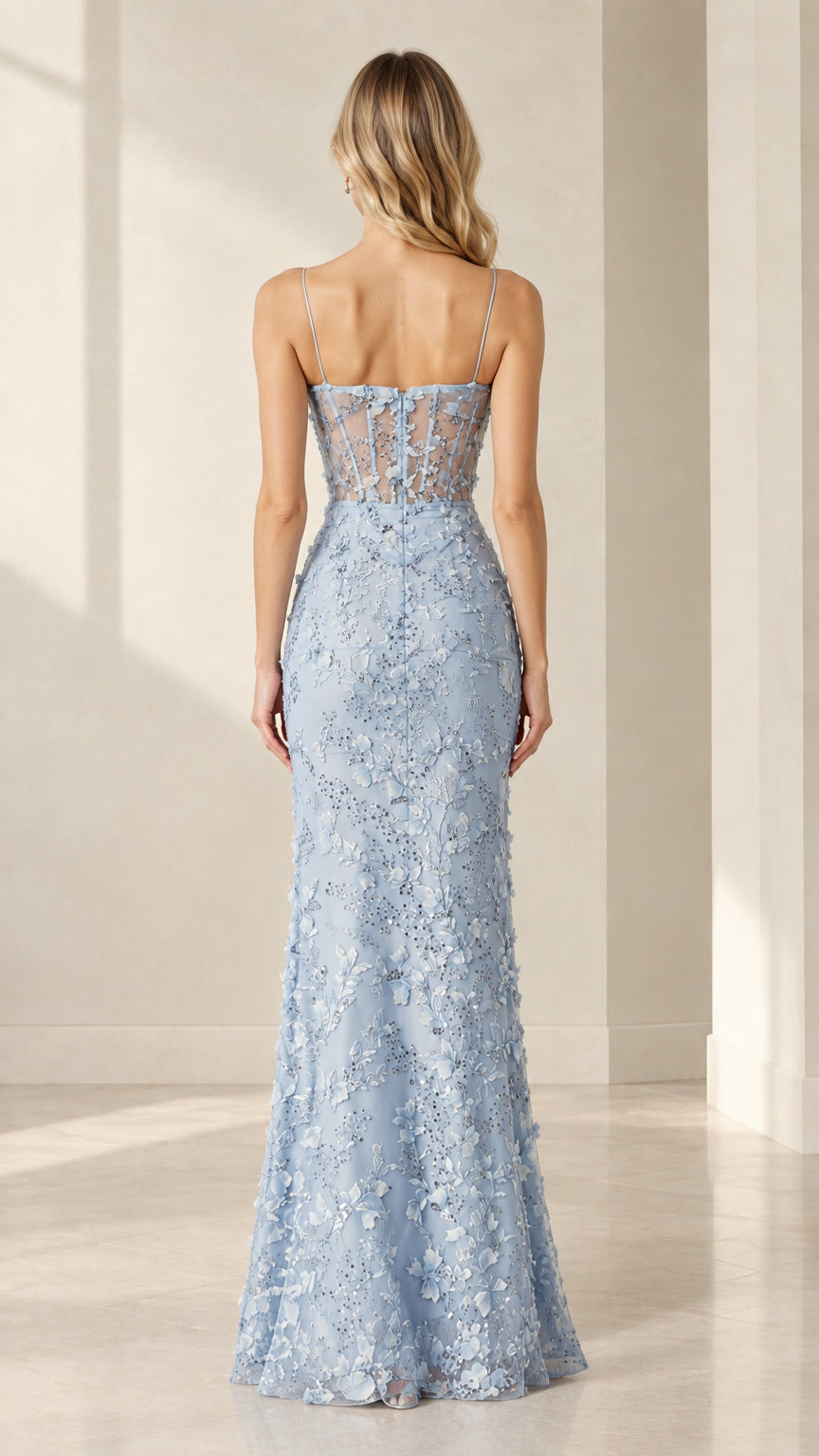 Back full-length view of model in Light Blue floral lace evening dress
