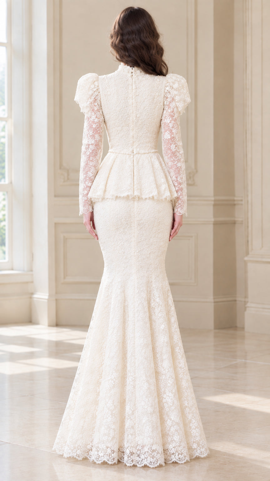 Back view of Cream floral lace peplum gown with long sleeves