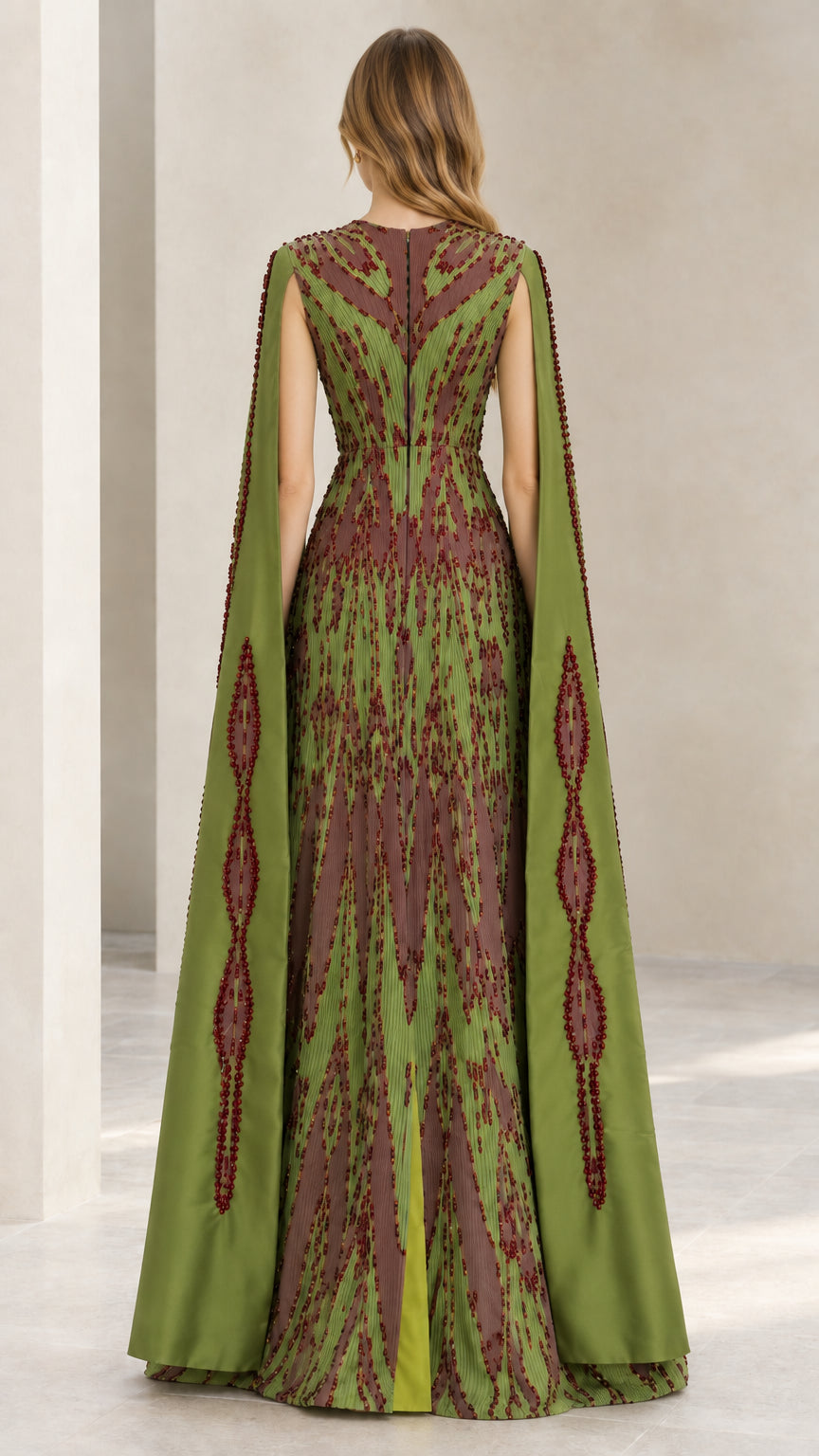 Back view of model in olive green beaded cape sleeve evening dress