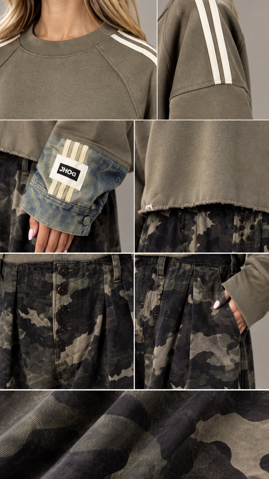 Close-up details of neckline stripes, denim cuff patch, raw hem, and camo pant pleats