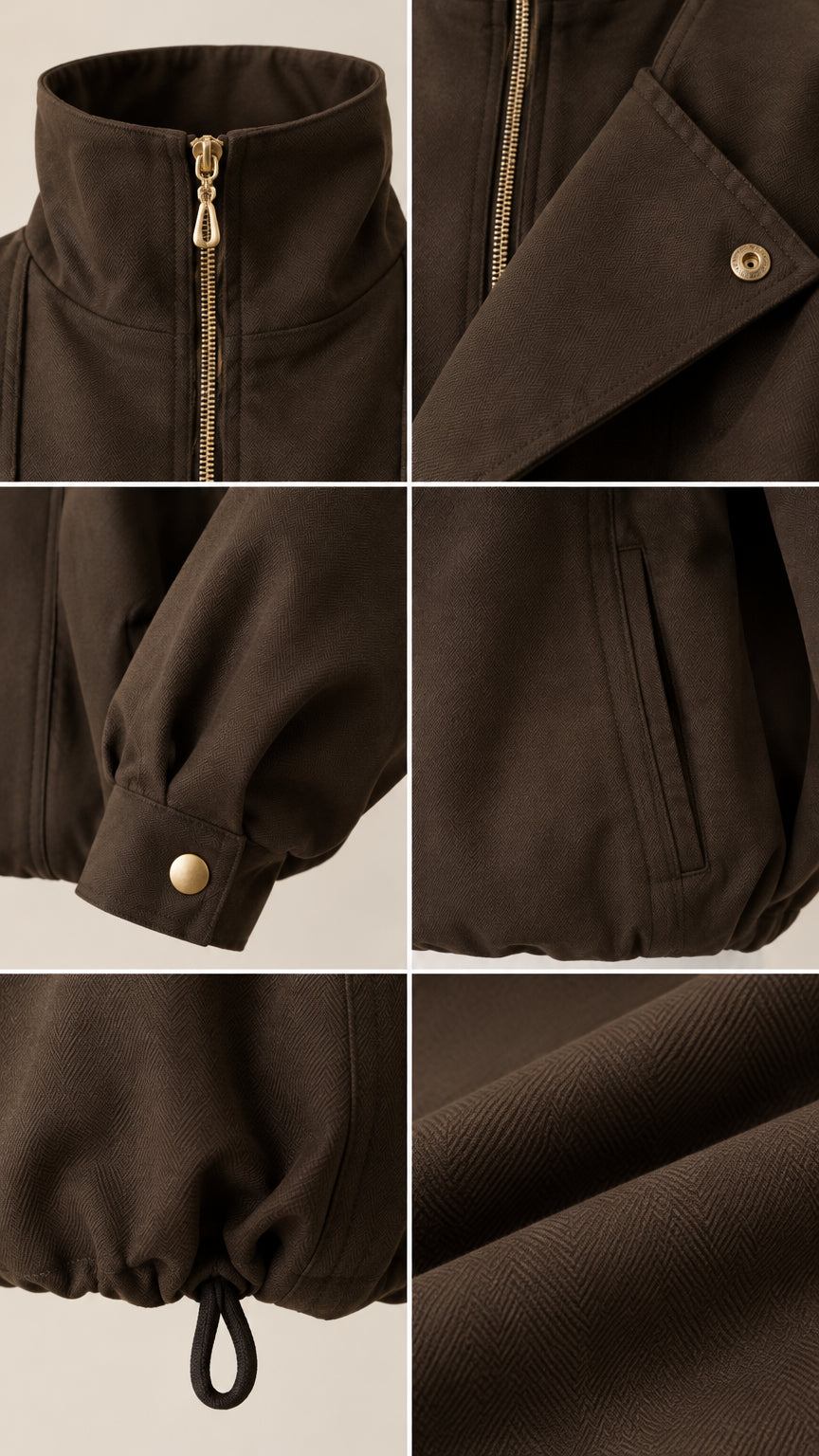 Close-up details of dark brown jacket showing zipper, asymmetrical snap flap, button cuff, pocket, toggle hem, and twill weave