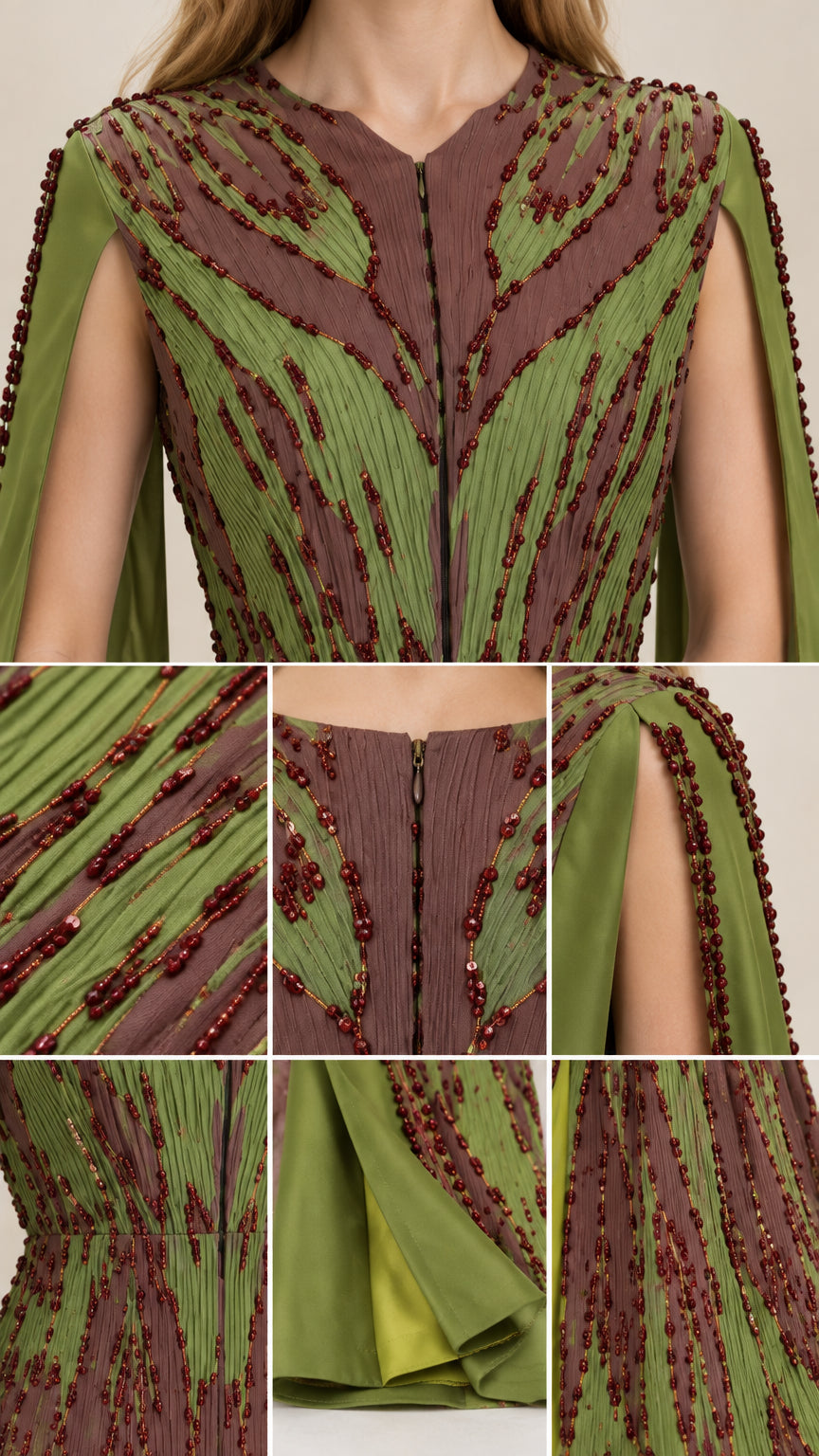 Close-up details of beaded embellishments, pleated fabric, and cape sleeve construction