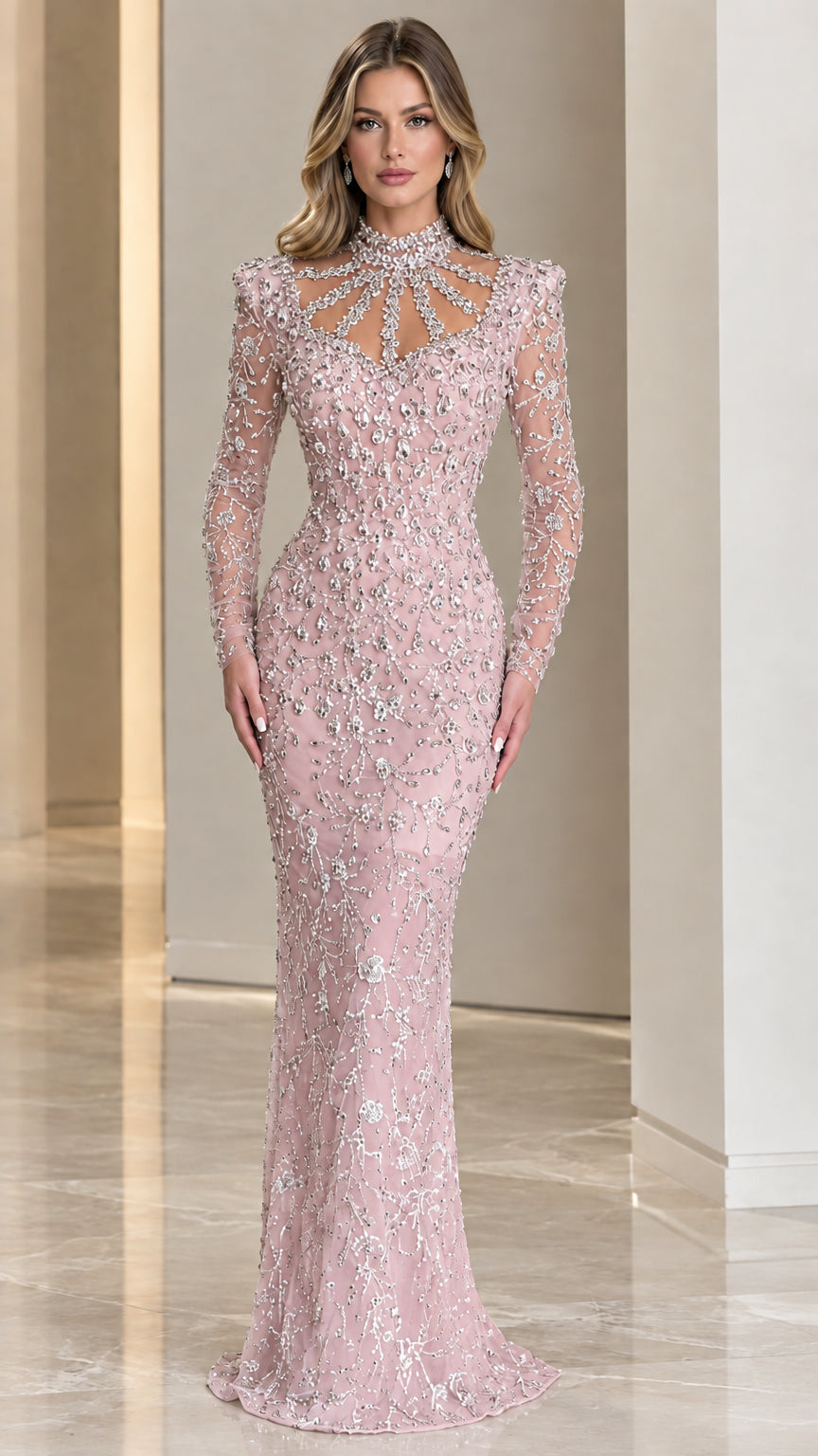 Model wearing Blush Pink beaded cutout mock neck evening gown