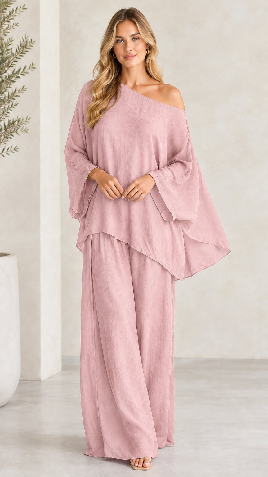 Front view of woman wearing Dusty Pink one-shoulder wide-leg pant set