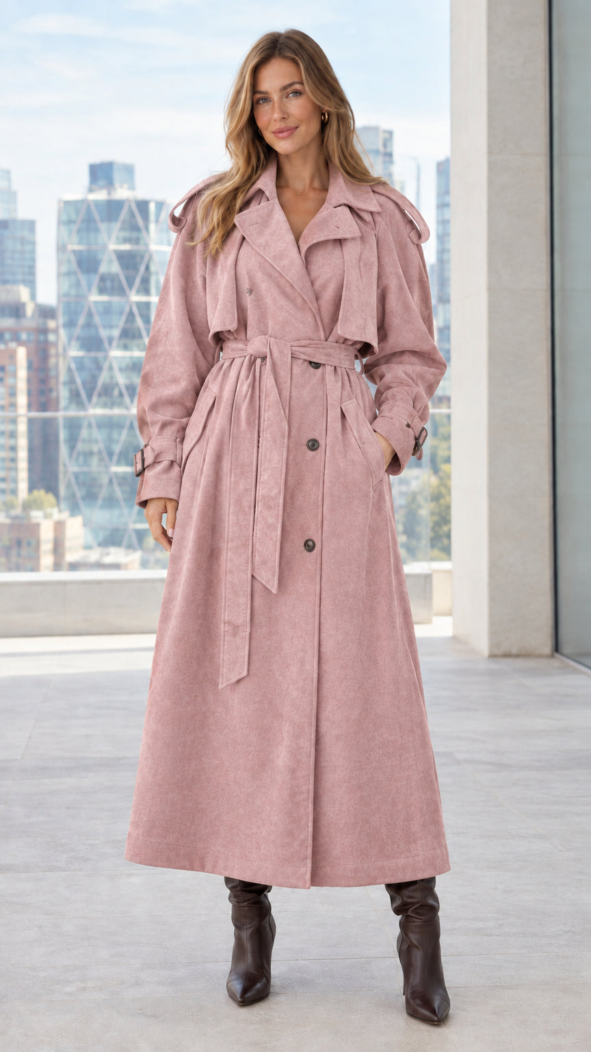 Front view of model wearing dusty pink maxi belted trench coat
