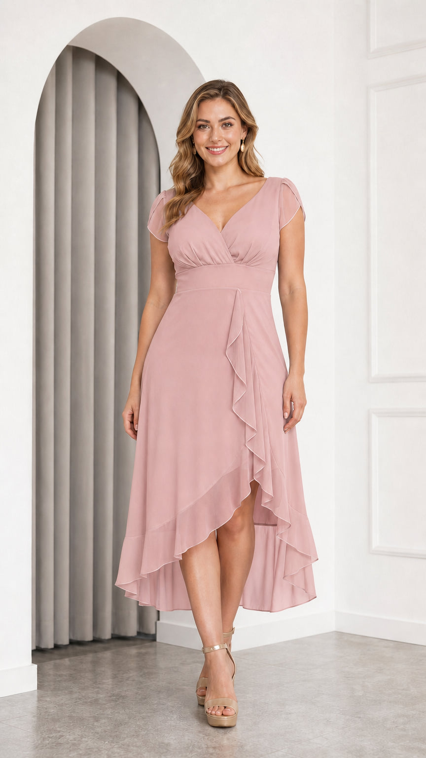Front view of model wearing dusty rose pink V-neck high-low cocktail dress