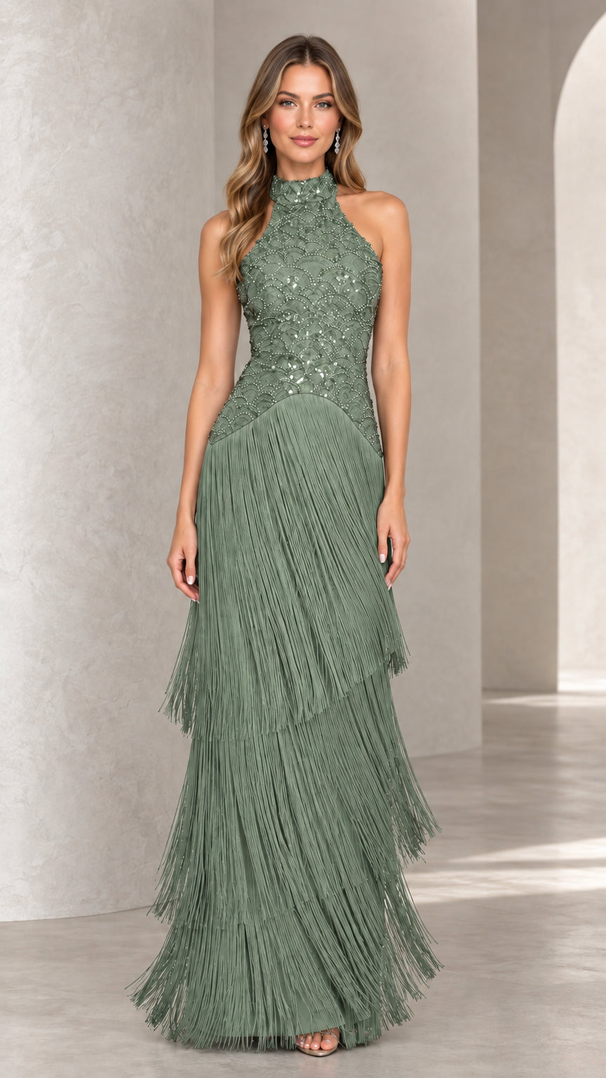 Front view of sage green halter sequin beaded tiered fringe formal gown