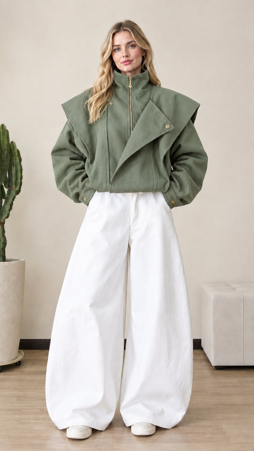 Front view of woman wearing sage green asymmetrical stand collar jacket