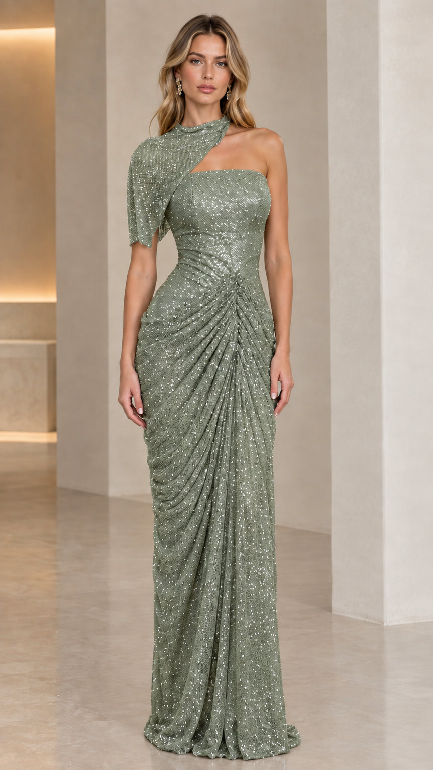 Sage green one-shoulder floor-length sequin formal dress