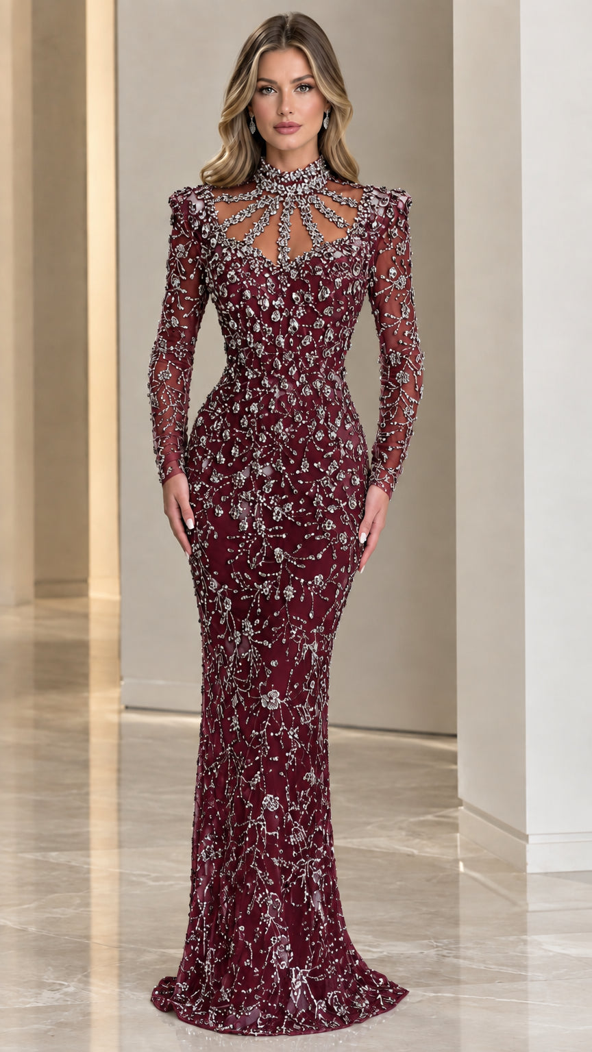 Model wearing Burgundy crystal beaded mock neck evening gown