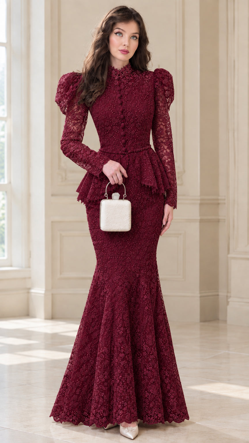 Model wearing Burgundy red lace mock neck peplum formal dress