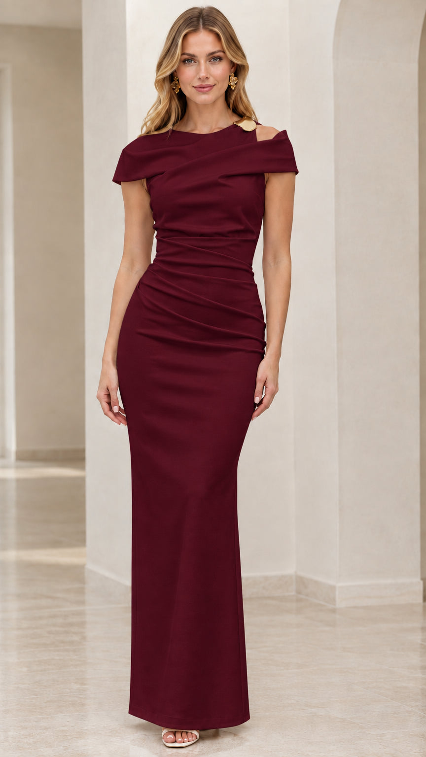 Front view of model wearing burgundy wine asymmetrical evening dress