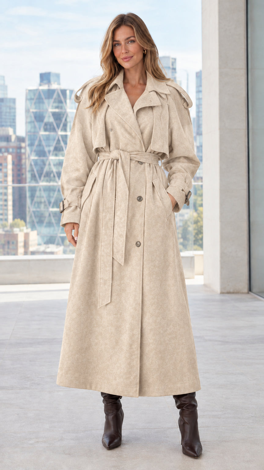Front view of model wearing beige cream maxi belted trench coat
