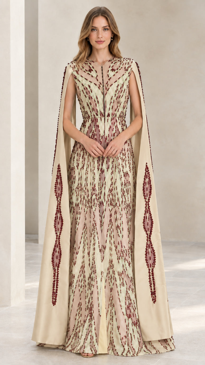 Model wearing champagne beige beaded cape sleeve evening maxi dress
