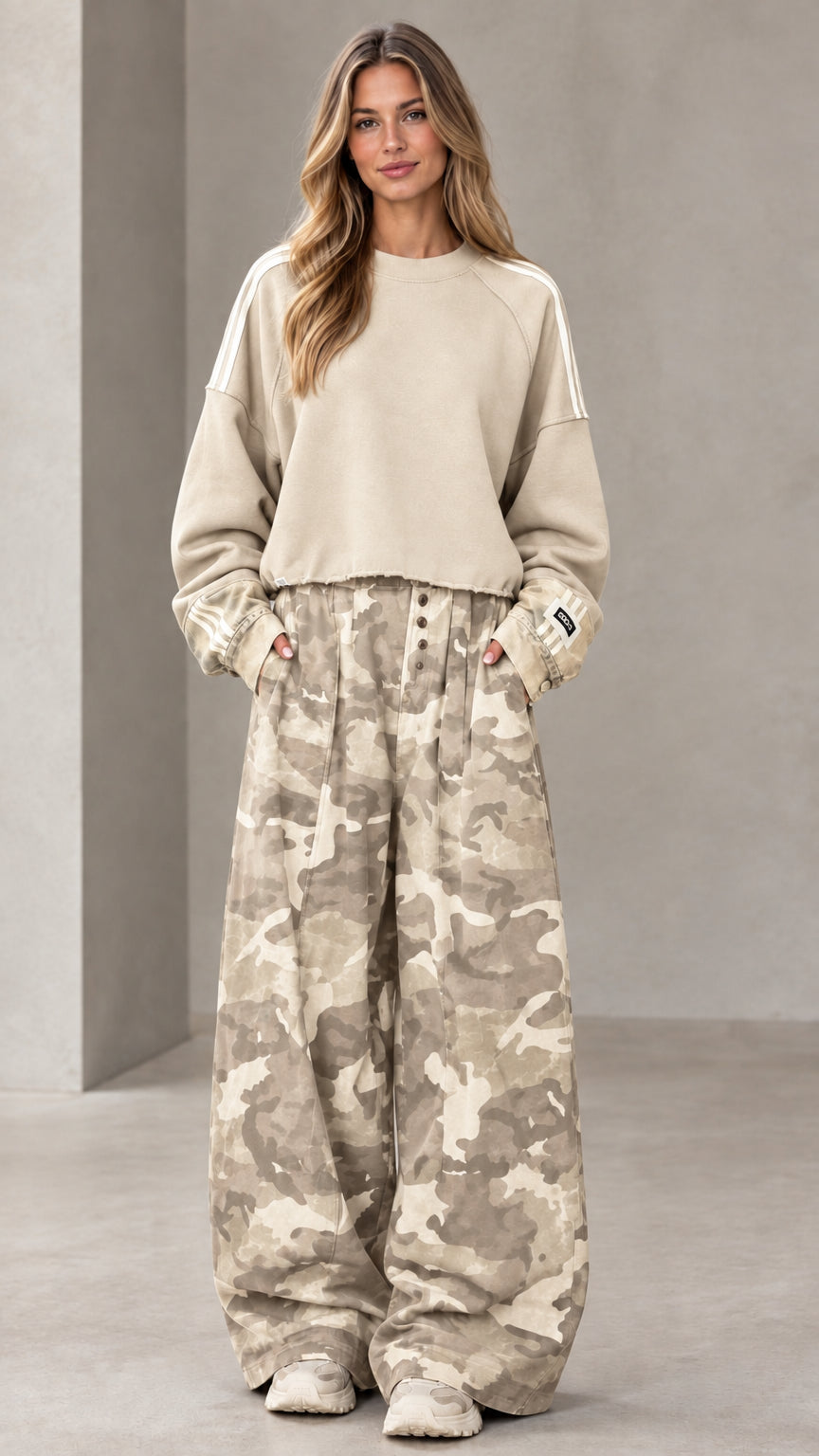 Sand beige cropped sweatshirt and light khaki camouflage wide-leg pants set