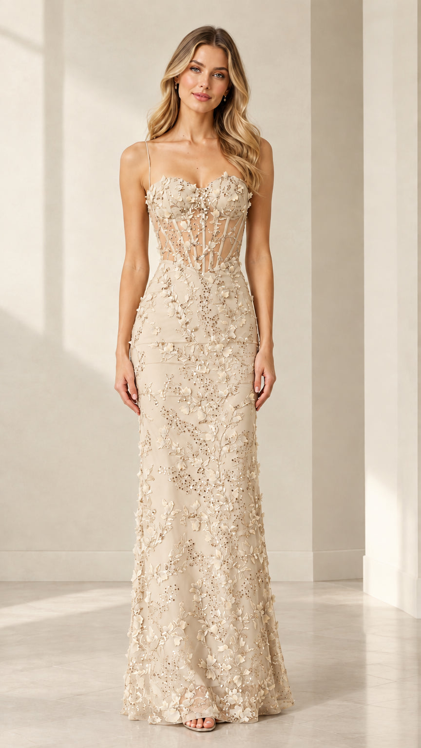 Full-length front view of model wearing Champagne floral lace evening maxi dress