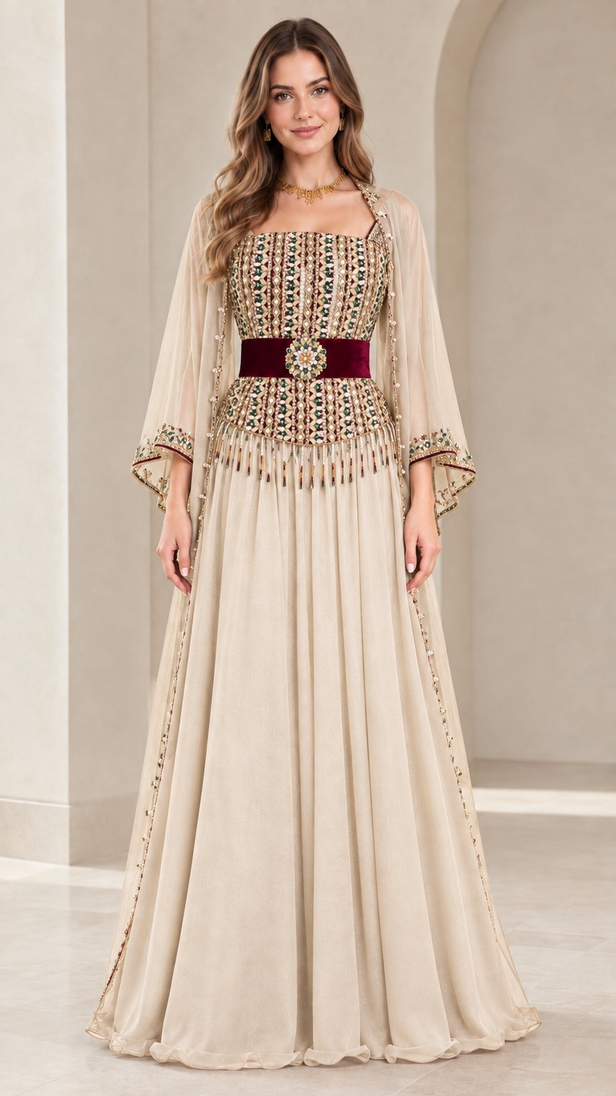 Champagne beige embellished chiffon maxi dress with cape sleeves