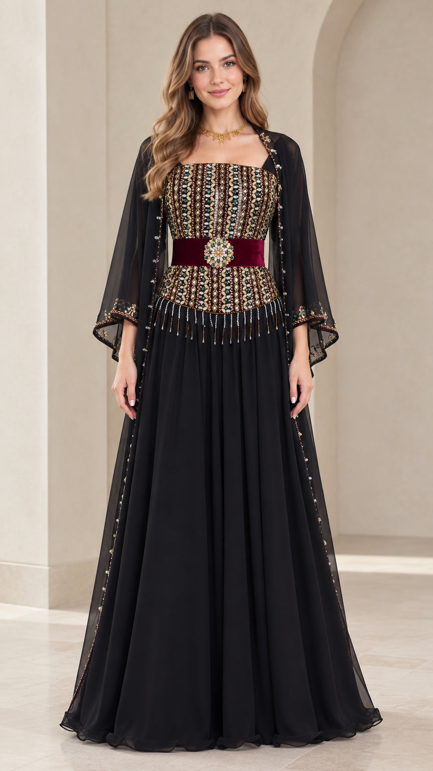 Front view of model wearing black embellished chiffon evening gown with cape sleeves