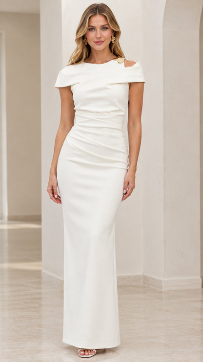 Front view of model wearing white asymmetrical ruched maxi evening gown