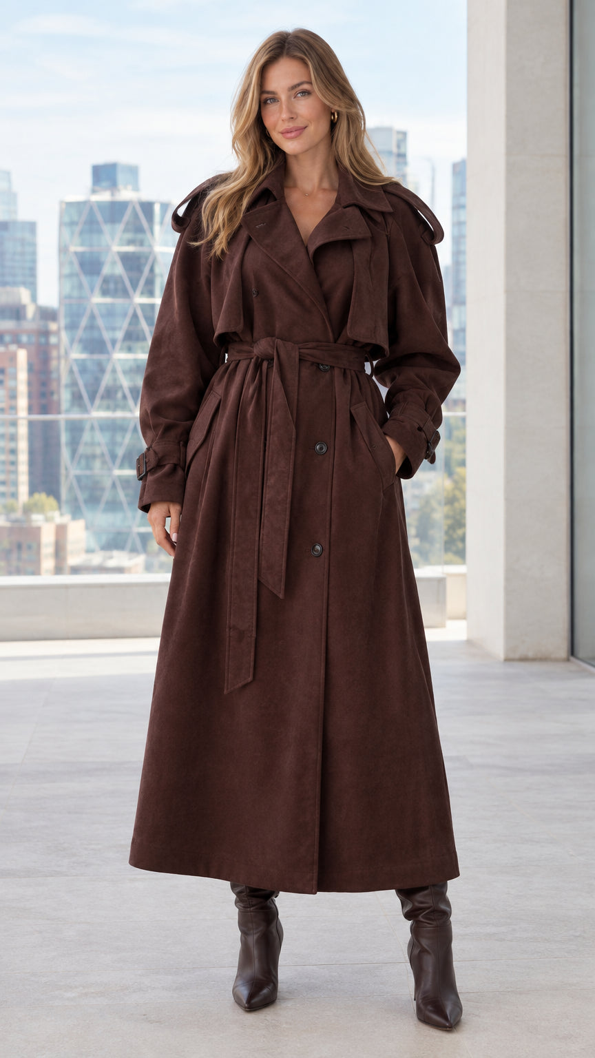 Full front view of model wearing brown maxi suede-finish trench coat with tie belt