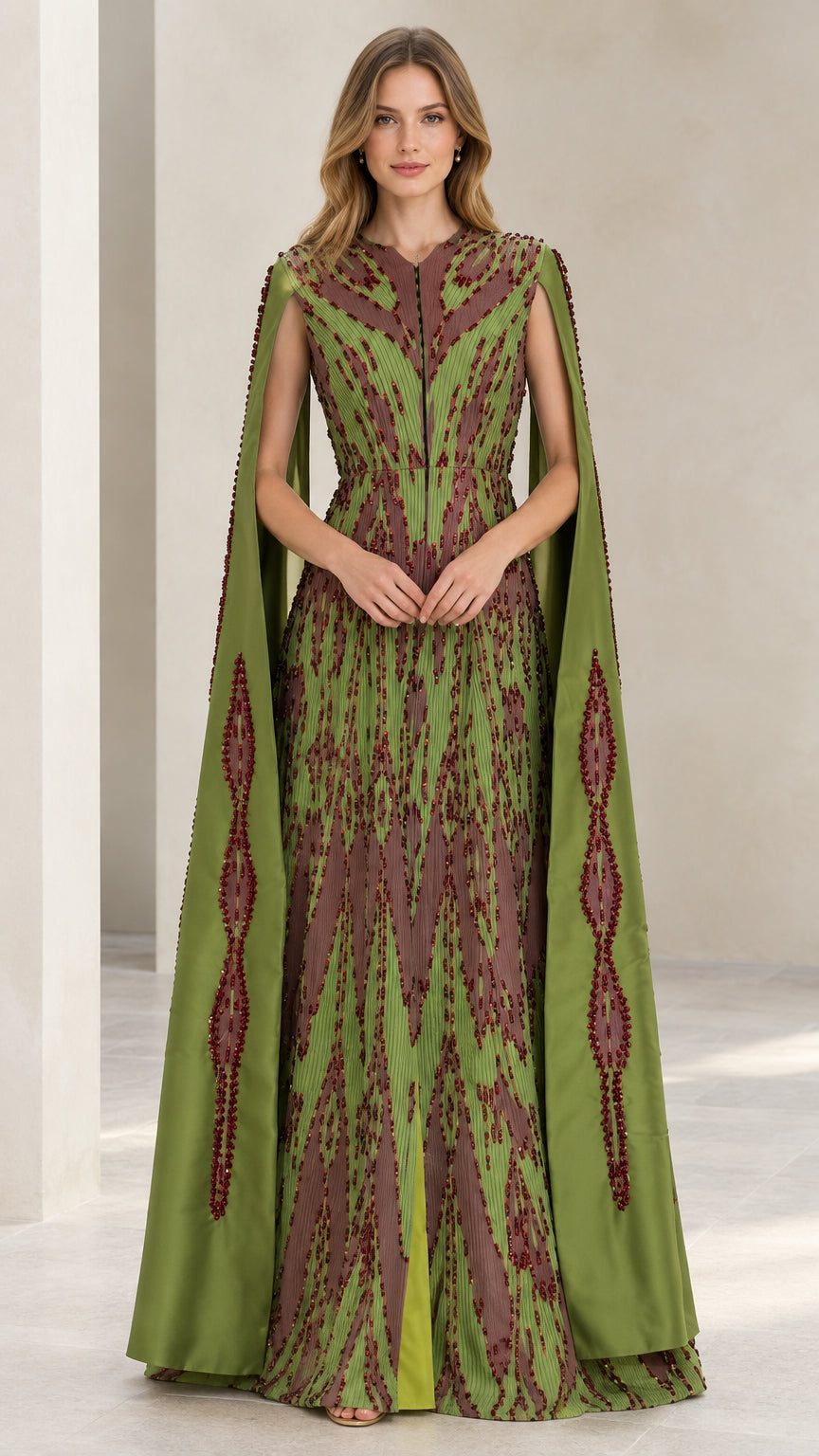Front view of model wearing olive green pleated evening gown with attached cape sleeves and beaded patterns