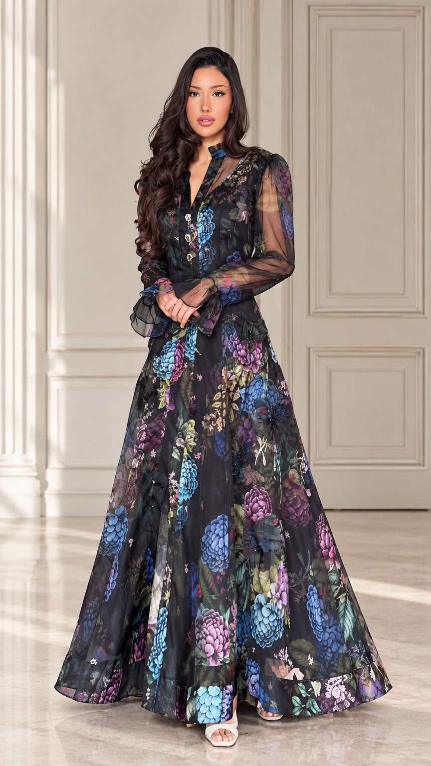 Front view of black floral organza long sleeve maxi evening dress