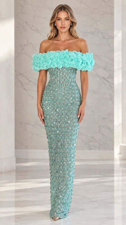 Full front view of aqua blue off-the-shoulder embellished column evening gown with 3D rosette neckline