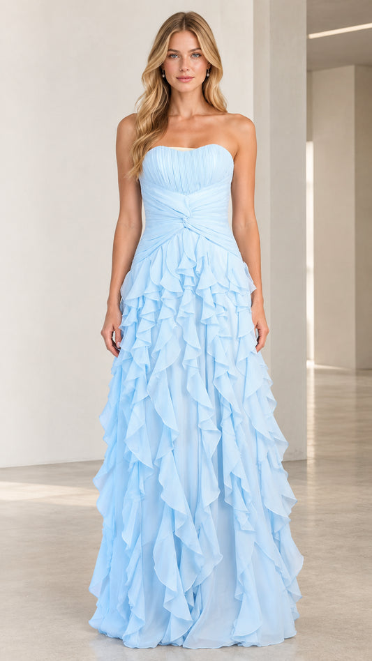 Front view of model wearing sky blue strapless tiered ruffle maxi evening gown