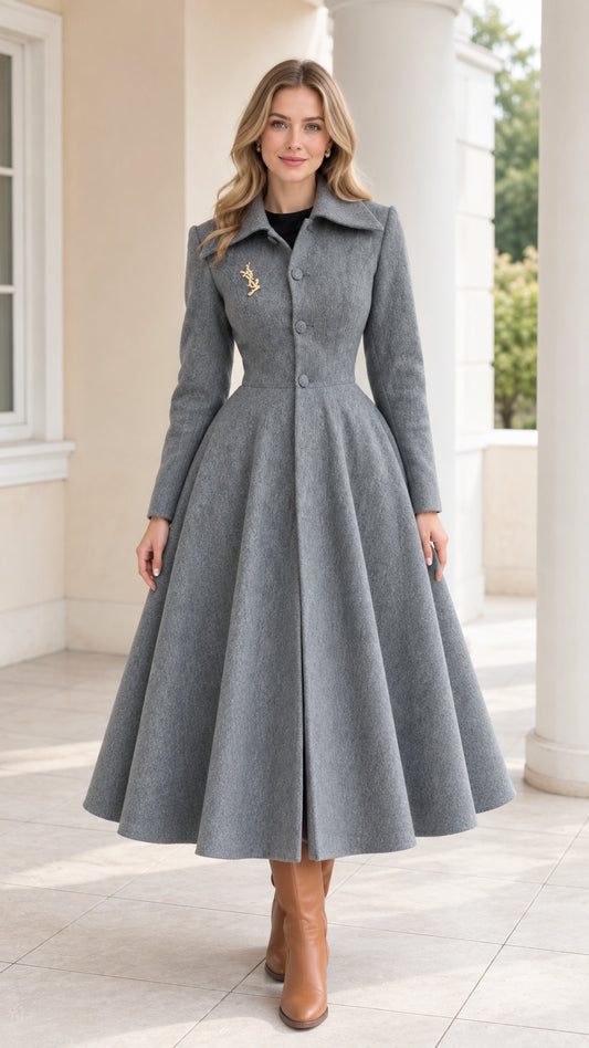 Front view of model wearing grey vintage A-line long swing coat with turn-down collar and brown boots