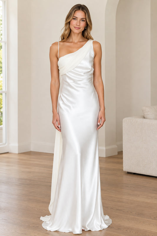Front full view of woman wearing white one-shoulder satin maxi dress
