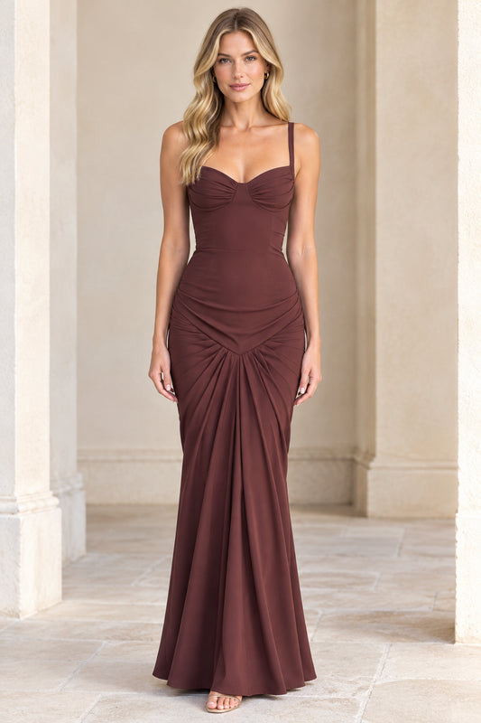 Front view of model wearing Chocolate Brown sweetheart ruched mermaid maxi dress