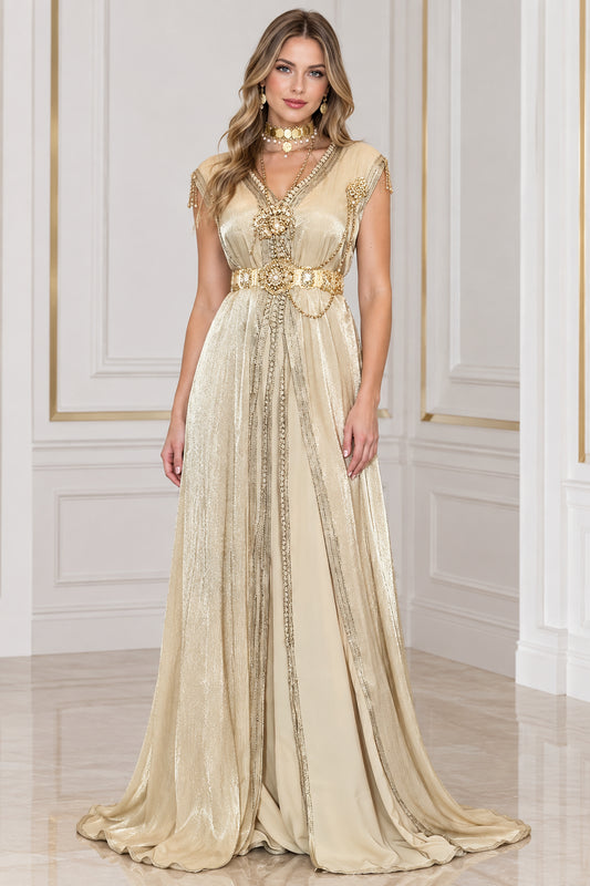 Champagne Gold Embellished V-Neck Metallic Pleated Kaftan Maxi Dress front view