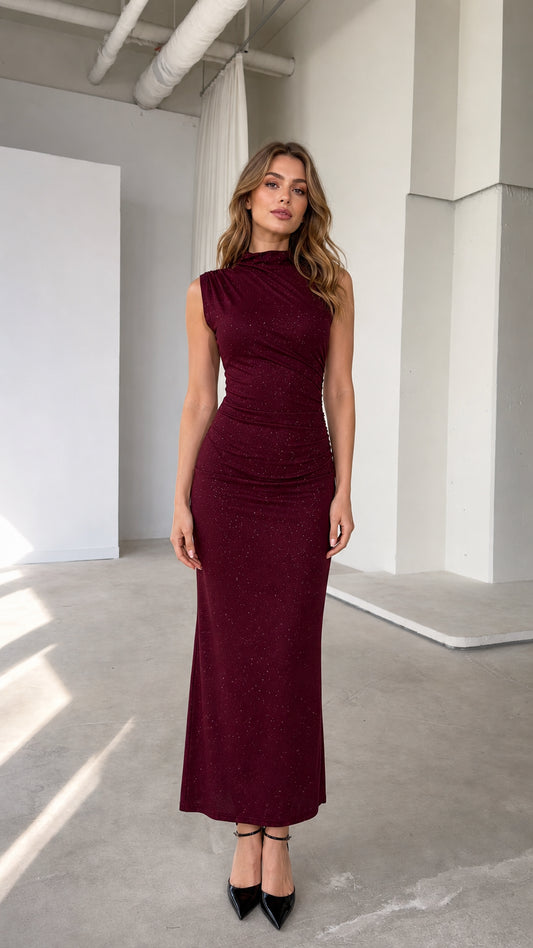 Burgundy sleeveless mock neck ruched shimmer maxi dress front view