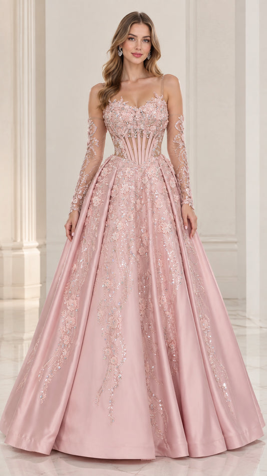 Front view of Blush Pink floral applique corset ball gown with sheer sleeves