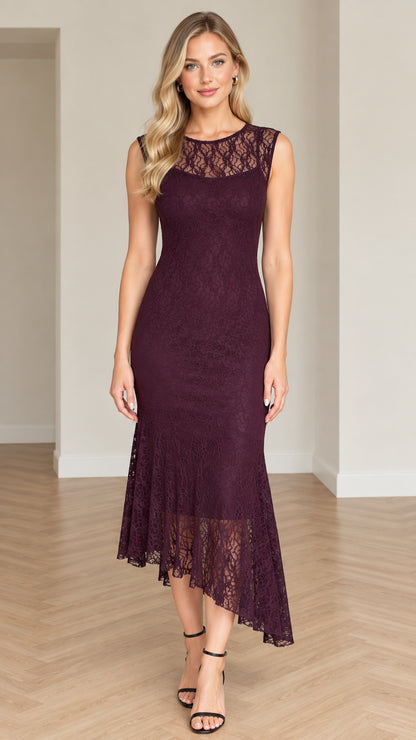 Full front view of model wearing plum sleeveless lace midi dress with asymmetrical hem