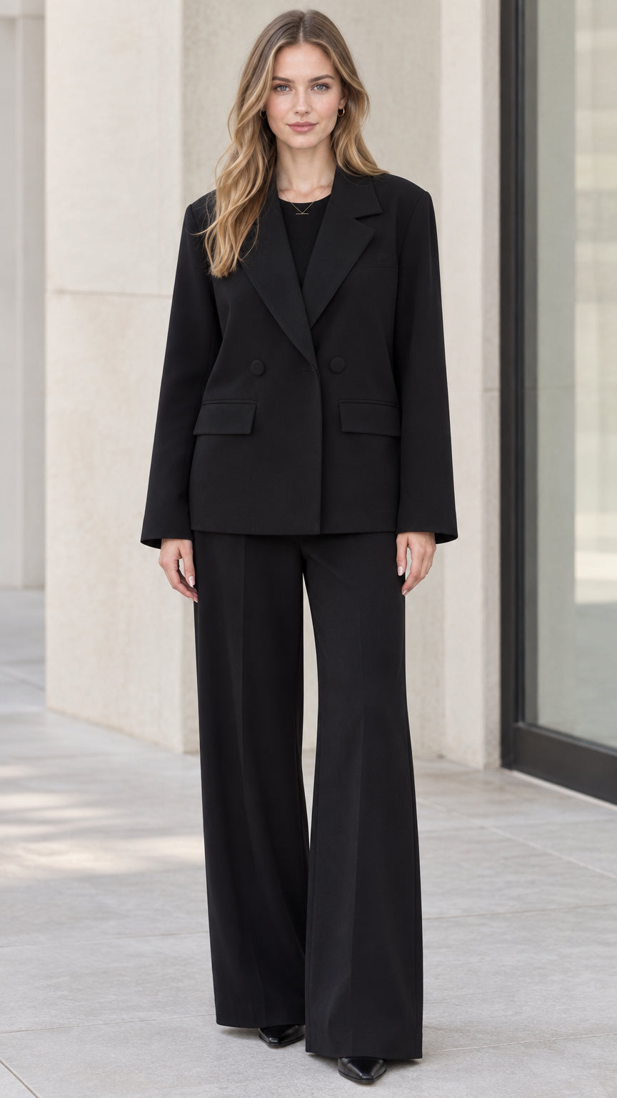 Front full-length view of model wearing black tailored blazer and wide-leg trousers suit set