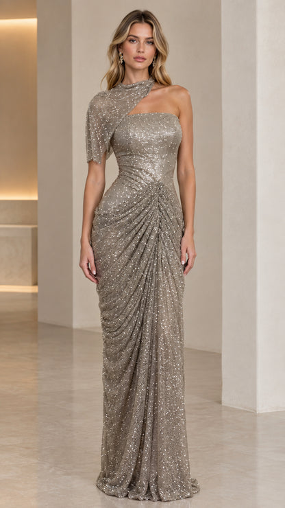 Front view of model wearing taupe one-shoulder sequin formal maxi gown