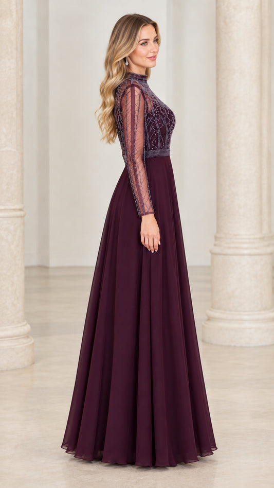 Side profile view of plum A-line beaded chiffon formal gown