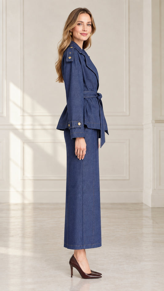 Side profile view of women wearing denim blue two-piece belted jacket and long skirt suit