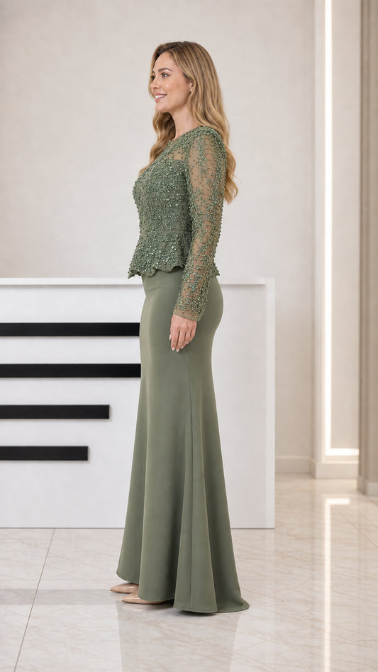 Sage green beaded peplum evening dress side profile view