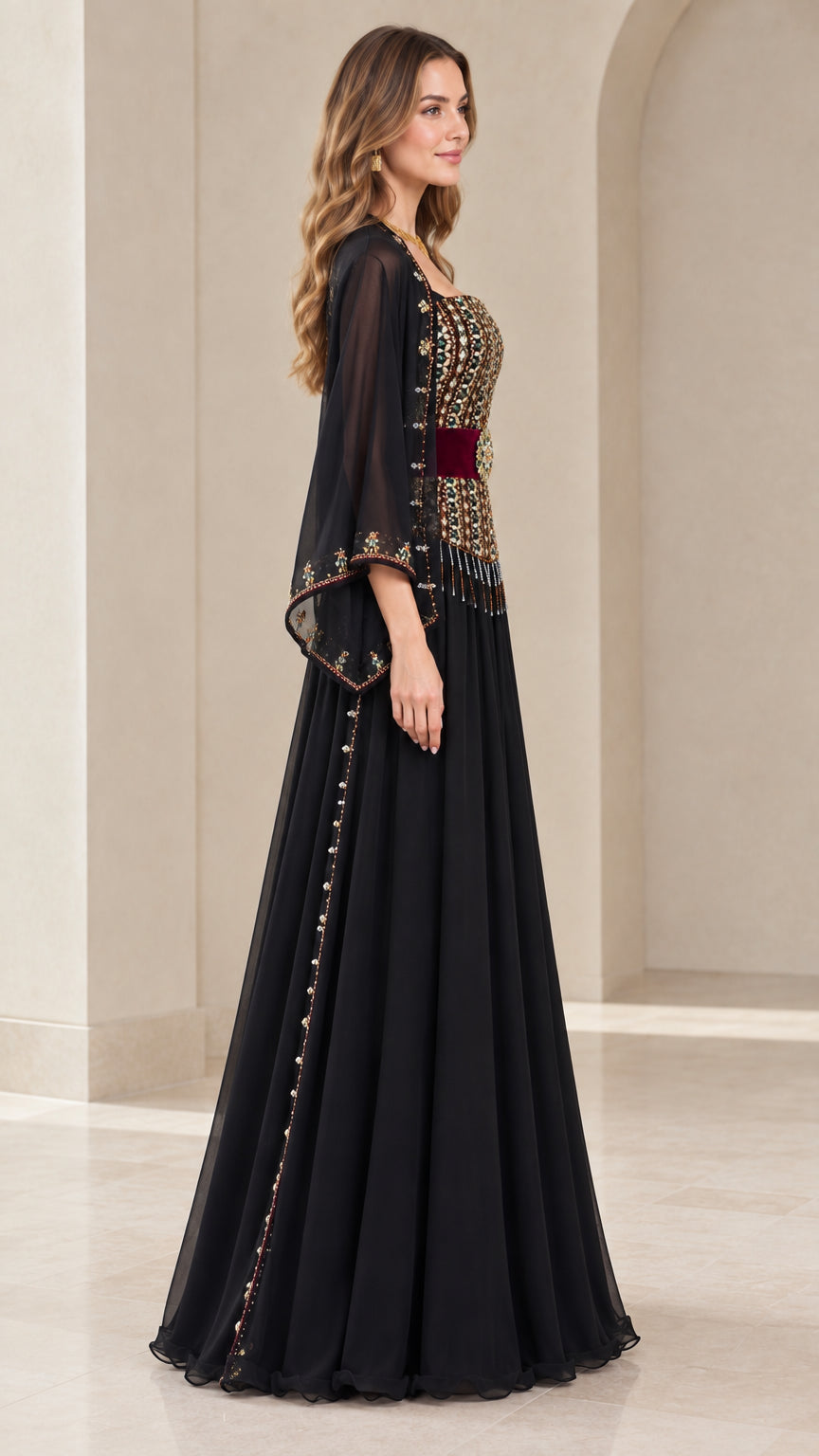Side profile of model wearing black beaded bodice chiffon maxi gown