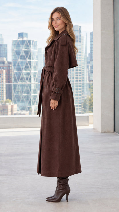 Side profile view of model in long brown belted trench coat