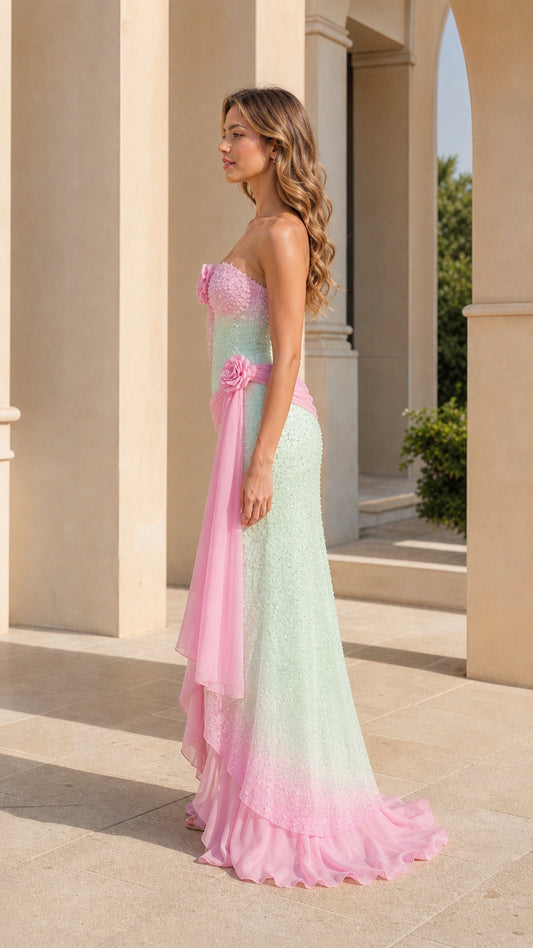 Side profile view of mint green and pink sequin evening gown showing draped waist sash and silhouette