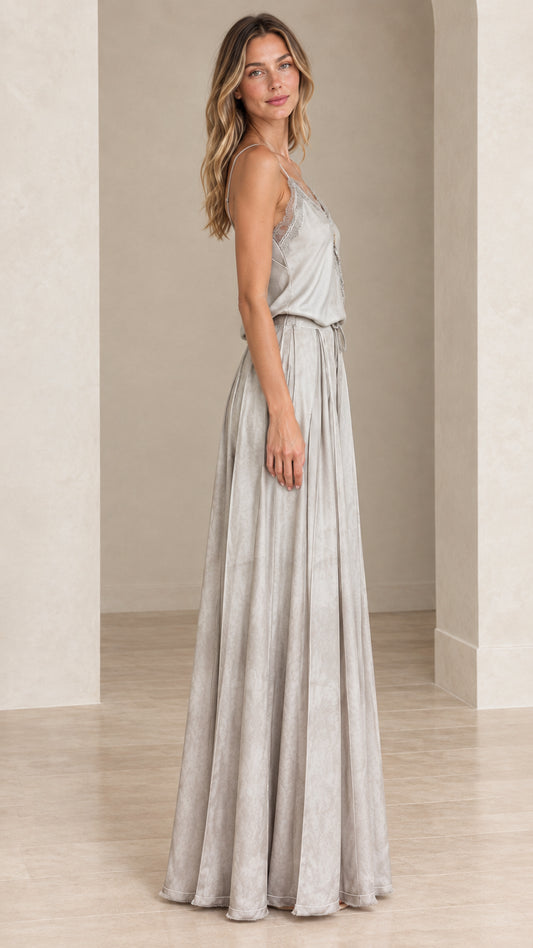 Model wearing silver grey lace-trim cami maxi dress side profile