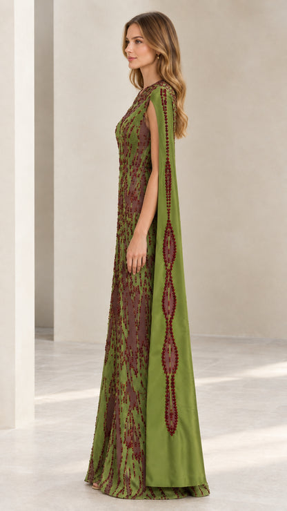 Side view of olive green cape sleeve formal maxi dress