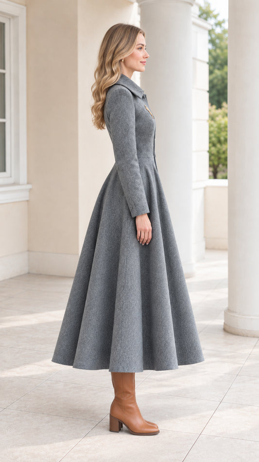 Side profile view of grey tailored maxi swing coat highlighting the flared silhouette