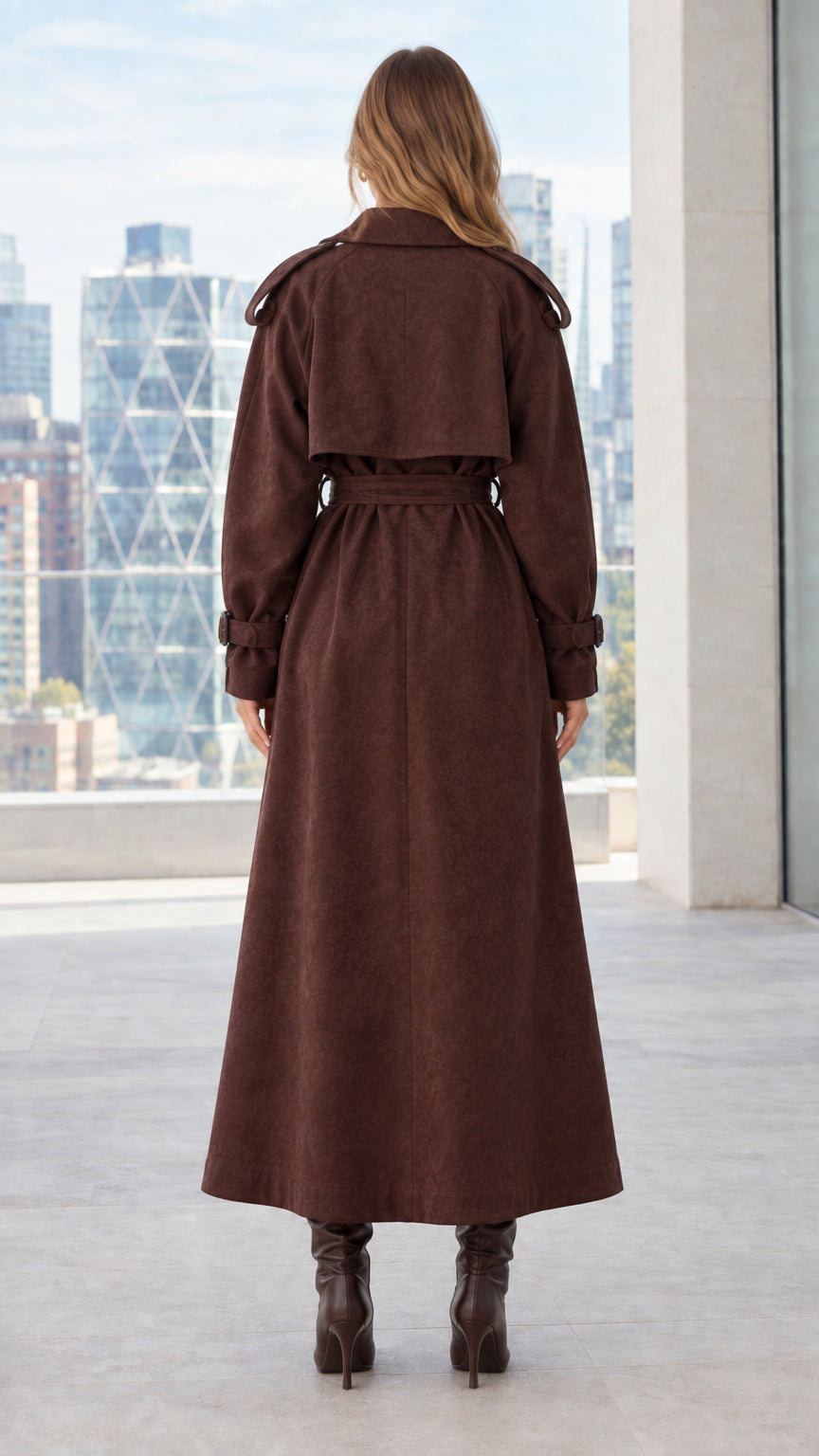 Back view of model showing storm flap and long silhouette of brown trench coat